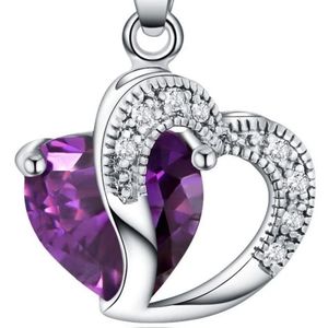 925 Sterling Silver Purple Crystal Double Hearts Italy Gift Box Chain February
